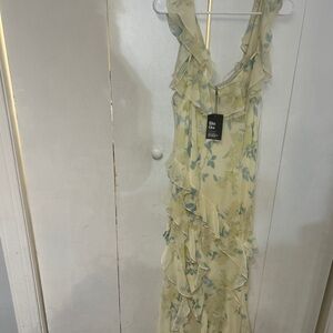 Rita Ora  Pale Yellow Floral Ruffle Maxi Dress